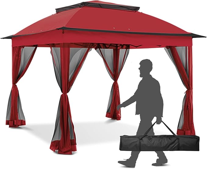 11x11 Outdoor Pop up Gazebo Tent with Mesh Walls for Patio, Lawn, Backyard and Deck, Red
