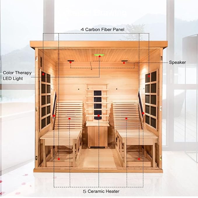 Smartmak Full Spectrum Infrared 2 Person Sauna Room for Home, Red Light Therapy Luxury Recliner Wood Indoor Saunas, Canadian Hemlock Dry Spa Room, 3400W with 10 Heaters, Speakers, Lights, Oxygen Bar
