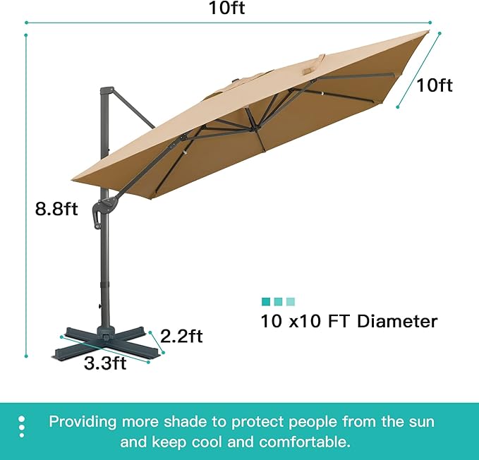 Sunnyglade 10x10Ft Cantilever Patio Umbrella Square Deluxe Offset Umbrella 360°Rotation & Integrated Tilting System Heavy Duty Patio Hanging Umbrella for Market Garden Deck Pool Backyard Patio (Tan)