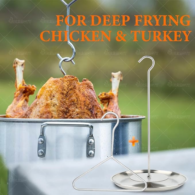 Upgraded Turkey Fryer Stand Kit and Vertical Skewer Set, Thanksgiving Turkey Fryer Accessories Poultry Turkey Hanger Chicken Rack for Grill Stainless Steel (with Lifter Hook)