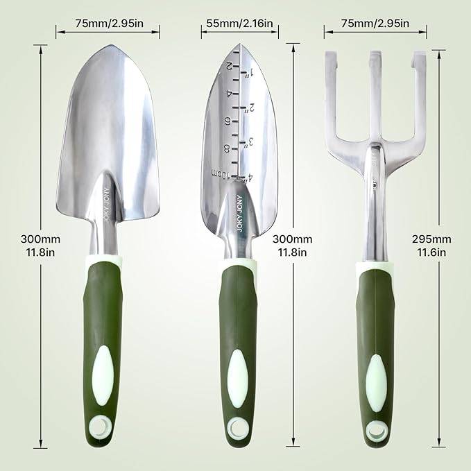 3 PCS Heavy Duty Aluminum Gardening Tool Set for Men & Women Including Hand Shovel, Hand Rake & Transplanter Trowel with Soft Rubberized Non-Slip Ergonomic Handle