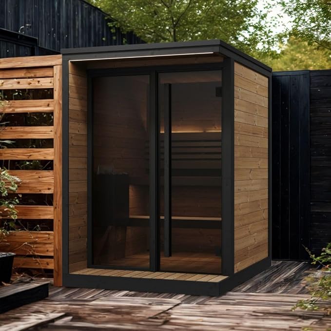GL4 Outdoor Sauna Kit, Garden Luxury-Series Outdoor DIY Sauna Kit, Thermo-Spruce, up to 4 Persons Bundles (Sauna Heater and Sauna Stones Included) (Harvia The Wall SW60 - Black Steel)
