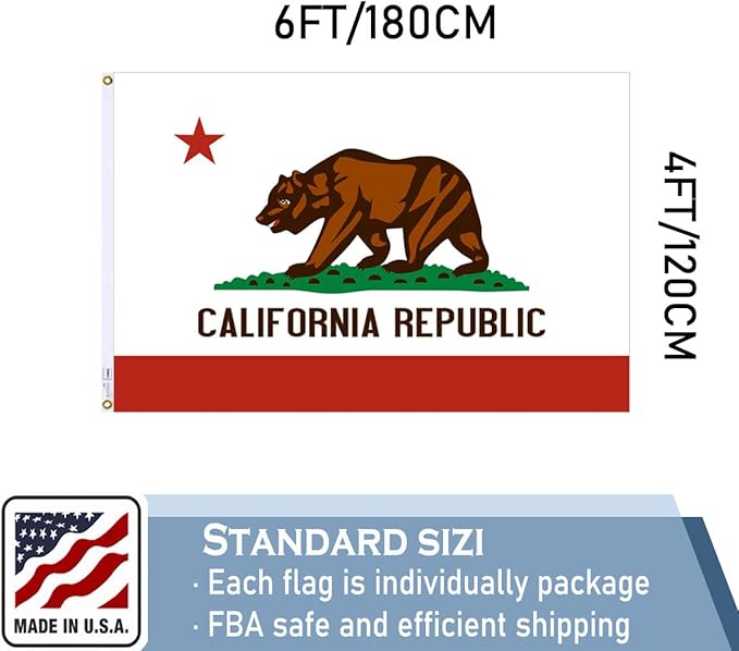California Republic State Flag 4x6 FT Made in The USA-Heavy Duty Vibrant Colors Double Sided Cali CA Flag with 2 Brass Grommets for Home/Company/Indoor Outdoor Decoration