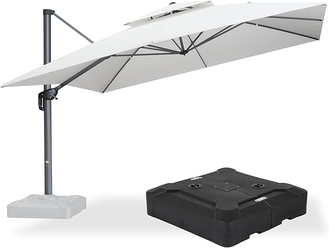 PURPLE LEAF Cantilever Umbrella with Base Included 12 Feet Outdoor Square Umbrella Double Top Large Offset Hanging 360° Rotation Heavy Duty for Garden Patio Deck Pool Canvas Natural