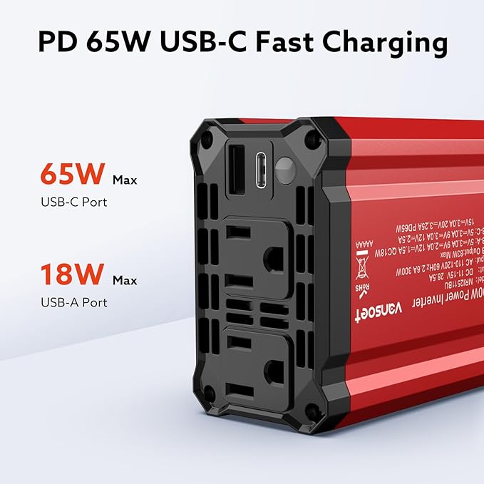 300W Power Inverter 12V DC to 110V AC, vansoet Fast Car Charger Plug in Adapter Outlet with PD 65W USB-C&QC 18W Port, Portable Power Converter for Laptop Vehicles Camping Road Trip Essentials Adults