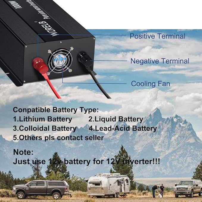 WZRELB Pure Sine Wave Inverter 1000W 12VDC to 120VAC Solar Power Converter Truck RV Home LCD Display