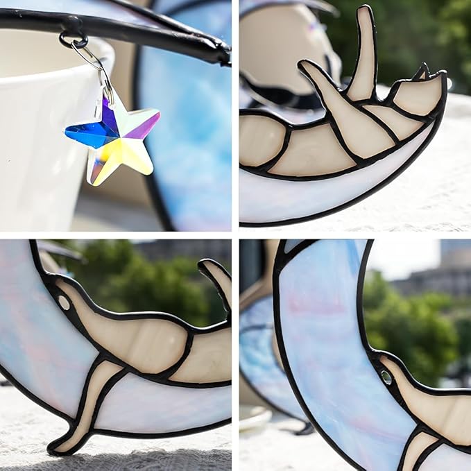 Colorful Crystal Star Grey Cat Decor,Stained Glass Suncatcher for Window Hanging,Birthday Gifts for Cat Lovers Suncatcher Indoor Window, for Women