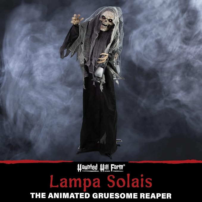 Haunted Hill Farm Life-Size Scary Skeleton Reaper Holding Lantern, Halloween Animatronic with Touch Activated Lights and Sound, Battery Operated Indoor or Covered Outdoor Halloween Decorations