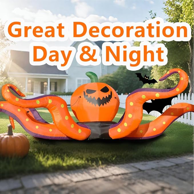 GARIG 12FT Halloween Inflatables Outdoor Decorations Pumpkin Octopus Tentacles Build-in LEDs Lights Blow Up Yard Decorations for Garden Lawn Window Indoor Party Holiday Decor
