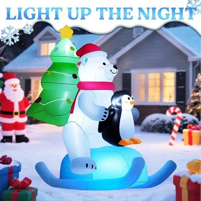 GARIG 7FT Christmas Inflatables White Bear Skiing with Penguin Outdoor Decorations, Christmas Blow Up Yard Decorations with Built-in LEDs for Xmax Outdoor Party, Yard, Garden