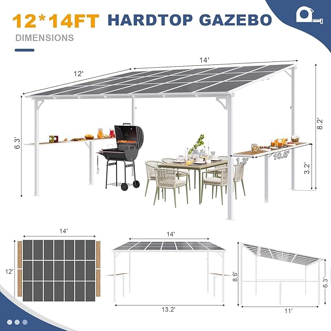 MEISSALIVVE 12' x 14' Wall Mounted Gazebo, Outdoor BBQ Grill Gazebo with Side Shelf, Lean to Metal Awnings with Sloped Roof, Heavy Duty Pergola for Backyard, Deck, White