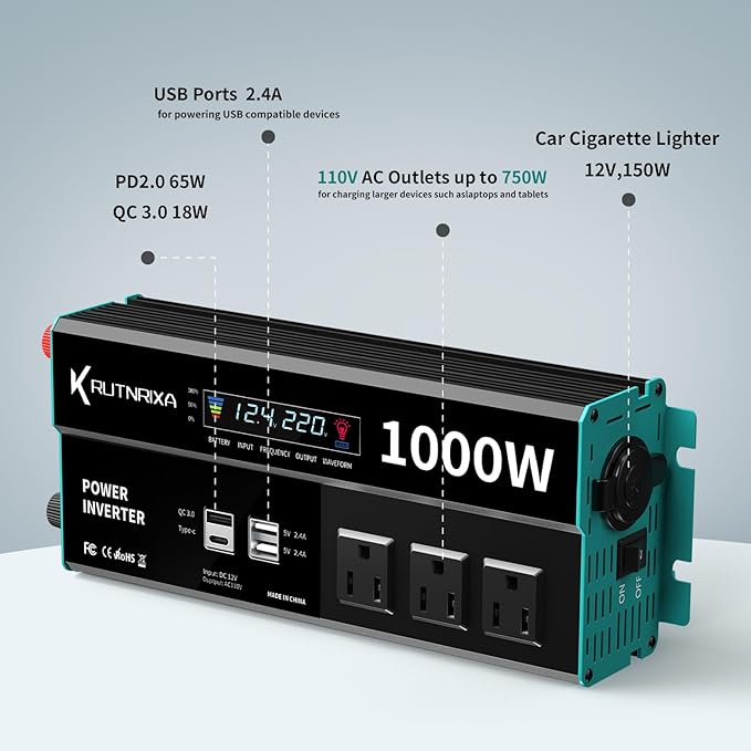 Power Inverters 1000W 12V DC to 110V AC Converter for Vehicles USB-C/PD 25 Watts Fast Charging Ports Car Charger Adapter with a Cigarette Lighter Ports Plug Outlet