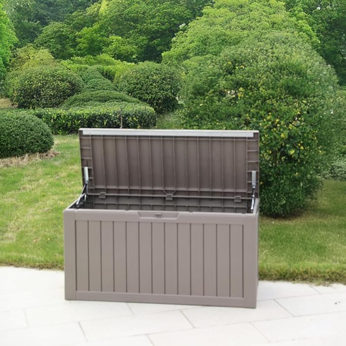 BTEXPERT 80 Gallon Deck Box Outdoor Storage Container with Metal Support Rods for Patio Furniture Garden Tools Cushions Waterproof Lockable UV Resistant Set of 2