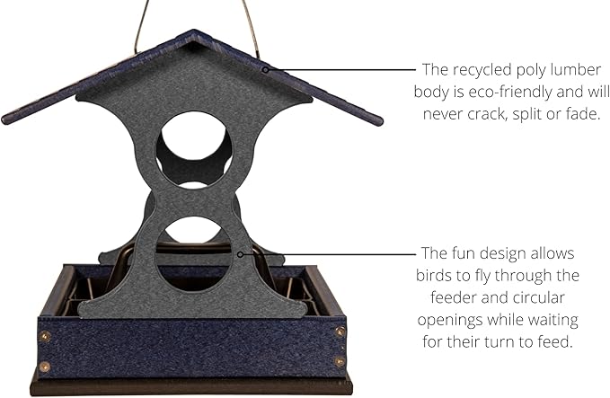 JCS Wildlife Medium Poly Fly-Thru Bird Feeder w/Removable Seed Tray - Holds 4 Cups of Bird Seed to Attract Cardinals, Chickadees, and More Backyard Birds (Blue)