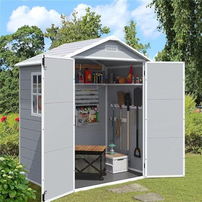 JUMMICO Outdoor Storage Shed, 6 x 4 FT Resin Shed with Floor and Lockable Door, Plastic Garden Tool Outside Sheds for Patio Backyard Lawn