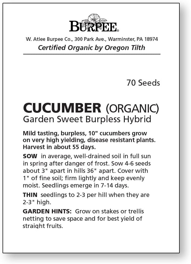 Burpee Sweet Burpless Slicing Cucumber Seeds 70 seeds