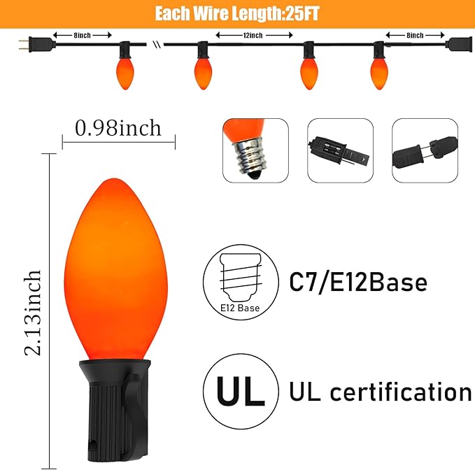 C7 Christmas Lights, 25FT C7 String Lights with 27 Orange Bulbs, Hanging Christmas Decoration Light for Outdoor Indoor Patio Home Party Garden Yard-Black Wire