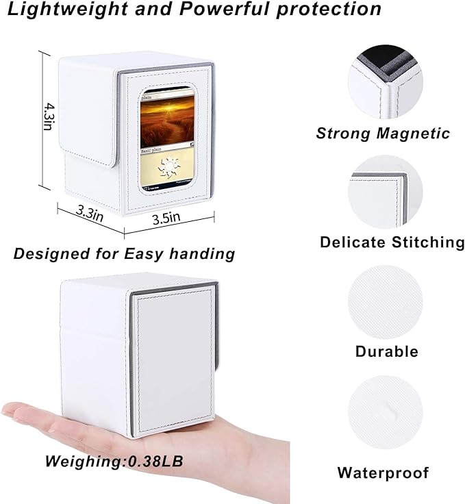 AFIING MTG Deck Box for Commander Display, Fits 100 Double Sleeved Cards, Magic Commander TCG Card Storage Box with 2 Dividers, Drawstring Bag and 1 Toploader (White/Grey)