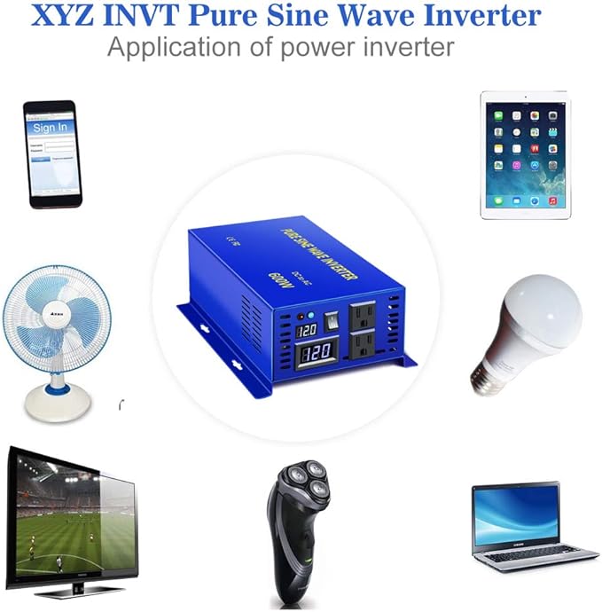 600W Pure Sine Wave Inverter 12v to 110v 120v Solar Power Inverter dc to ac Dual US Plug for Car (600W12V-cable)
