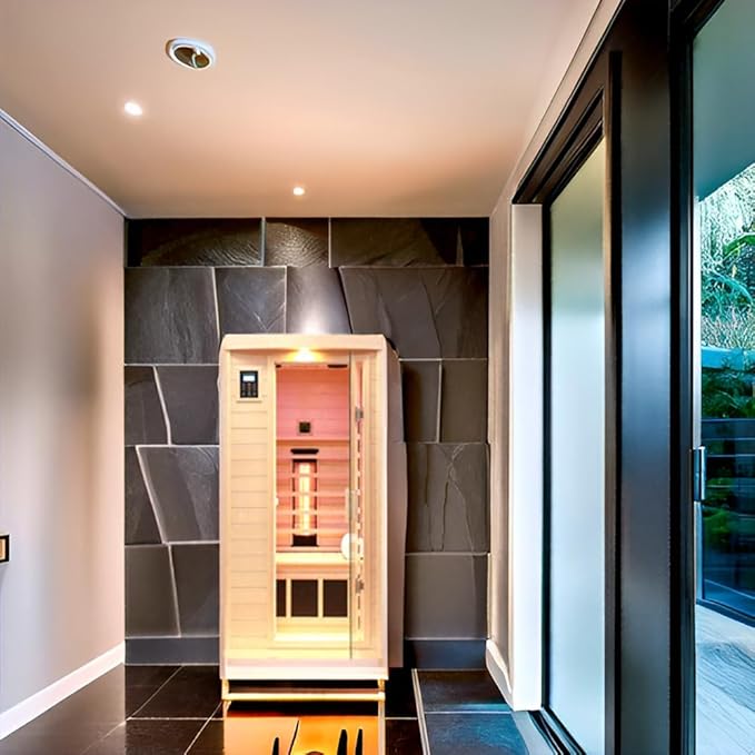 Ceramic Infrared Sauna 1 Person, Low EMF FAR Infrared Indoor Sauna for Home, 1300w Canadian Hemlock Wood Saunas with 6 Heating Panels, Blue-Tooth Control, LCD Display, LED Reading Lamp