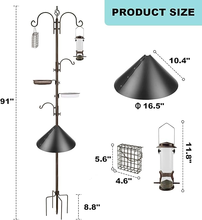 Bird Feeding Station Kit with Squirrel Baffle and Suet Cage Wild Bird Feeder Kit with Mesh Tray, Fruit Hook, and Double W Hook for Attracting Wild Birds