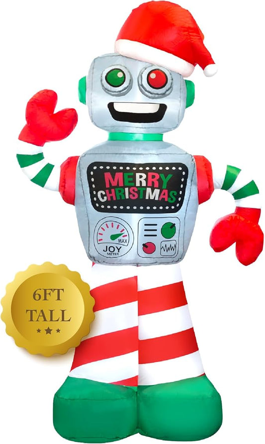 Holidayana 6 ft Christmas Inflatable Robot Yard Decoration - 6 ft Tall Lawn Decoration, Bright Internal Lights, Built-in Fan, and Included Stakes and Ropes
