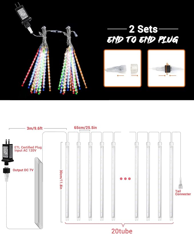 Multicolor 20 Tubes Meteor Shower Icicle Light 480 LED Raindrop Lights with Timer Function Cascading Falling Rain Lights for Holiday Party Christmas Decorations