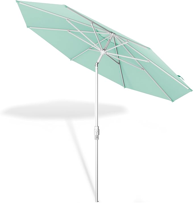 Midtown Umbrellas The Swilt 10 Feet Patio Umbrella in Sunbrella Canvas Glacier Acrylic Fabric - Fiberglass Ribs, Auto-Tilt Aluminum Frame For Backyard, Deck, Garden, Pool - White Pole