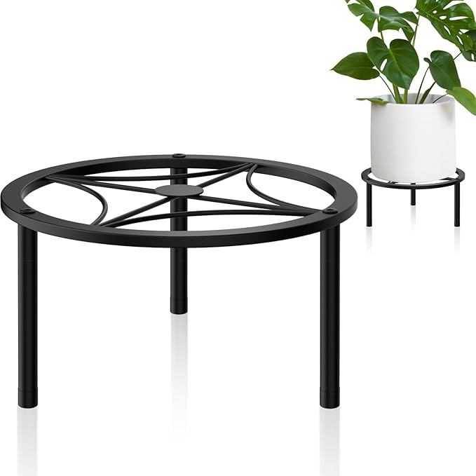 TOSKING Heavy Duty Metal Plant Stand - 9-inch Round Tray with Geometric Pattern, Adjustable Leveling Feet & Rust-Resistant Finish for Indoor/Outdoor Use