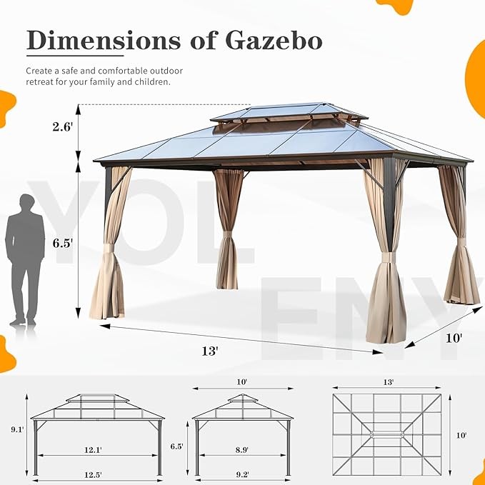 YOLENY 10'x13' Hardtop Gazebo, Outdoor Polycarbonate Double Roof Canopy, Aluminum Frame Permanent Pavilion with Curtains and Netting, Sunshade for Garden, Patio, Lawns
