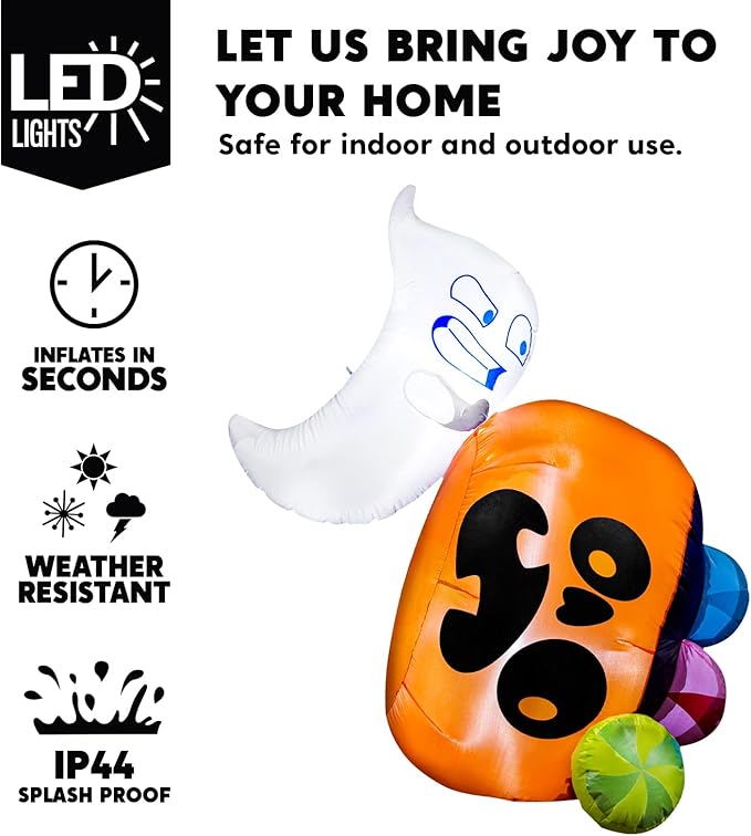 Joiedomi 5 ft Tall Halloween Inflatable Outdoor Decoration, Halloween Blow Ups Cute Ghost Halloween Decorations with Pumpkin Candy Bag with LEDs for Yard Decor