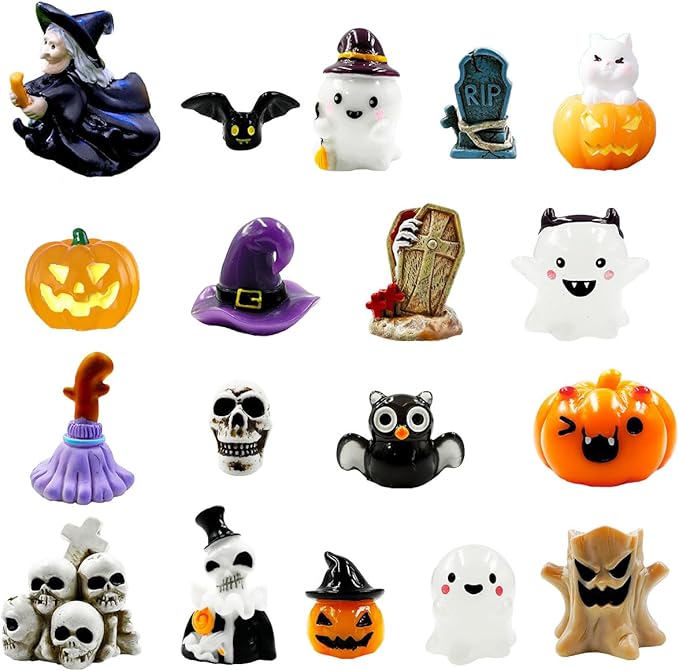 Halloween Miniature Figurines - 18Pcs Resin Pumpkin Ghost Tombstones Ornaments Halloween Garden Accessories Miniature Figurine Decorations for Outdoor Statues Home Village Bonsai Crafts Decor