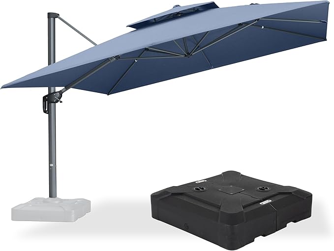 PURPLE LEAF Cantilever Umbrella with Base Included 12FT Outdoor Square Double Top Large Offset Hanging 360° Rotation Heavy Duty Umbrella for Garden Patio Deck Pool Spectrum Denim