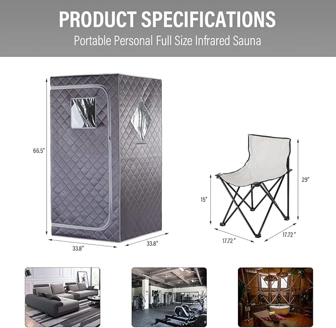 Full Size Portable Personal Infrared Sauna for Home, Personal Home Spa Tent with Remote Control, Heating Foot Pad, Foldable Reinforced Chair （Grey, L33.8 x W 33.8" x H 66.5"