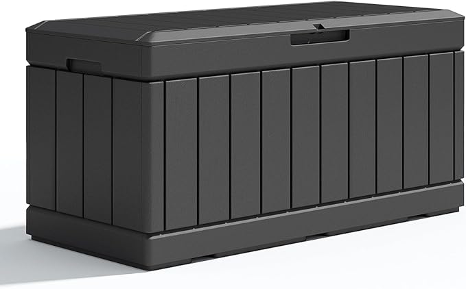 Patiolife 85 Gallon Resin Deck Box, Wood Like Outdoor Storage Box for Garden Tools, Pool Supplies, Waterproof and Lockable, Black