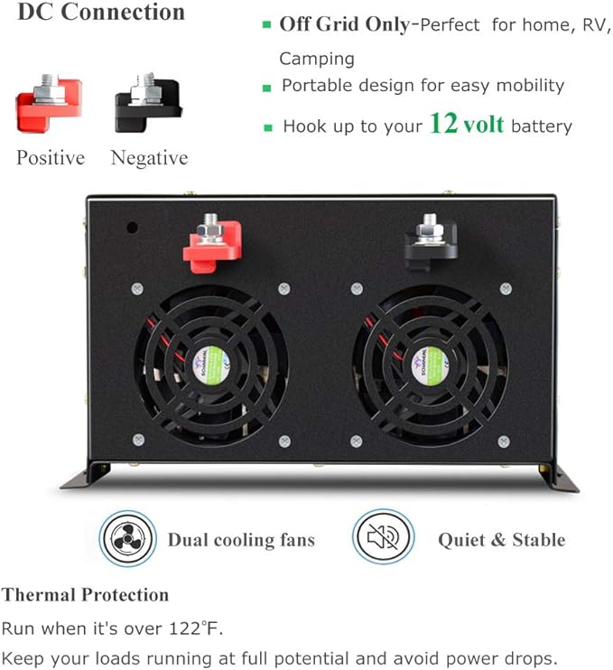 WZRELB Pure Sine Wave 6000W (10000W Surge) 12VDC 120VAC Power Inverter - Solar, RV