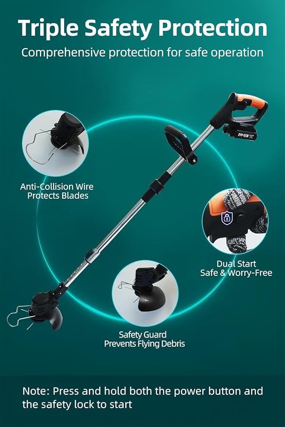 Cordless String Trimmer, Weed Wacker, Nylon Trimmer Head as Its Core Cutting Accessory, Telescopic Shaft and Foldable, 2 x Batteries, String Trimmer Cordless for Lawn, Garden and Yard, Black