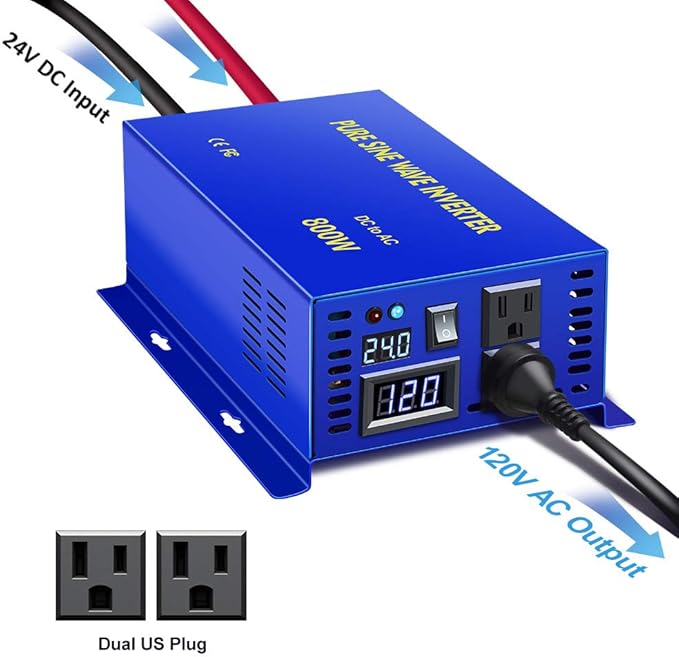 800 Watt Pure Sine Wave Inverter 24V DC to 110V 120V AC, 800W Power Invert Surge 1600W Power Converter for Solar System. (800W 24V 120V)