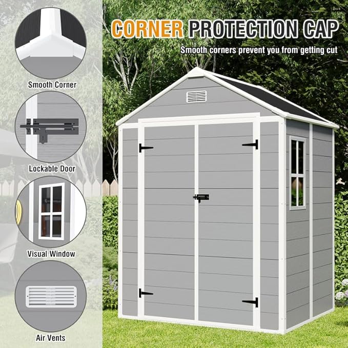 6x5 FT Outdoor Resin Storage Shed with Floor and Window, Outside Waterproof Plastic Garden Sheds w/Lockable Door & Vents, All-Weather Tool House for Patio, Backyard, Lawn, Grey