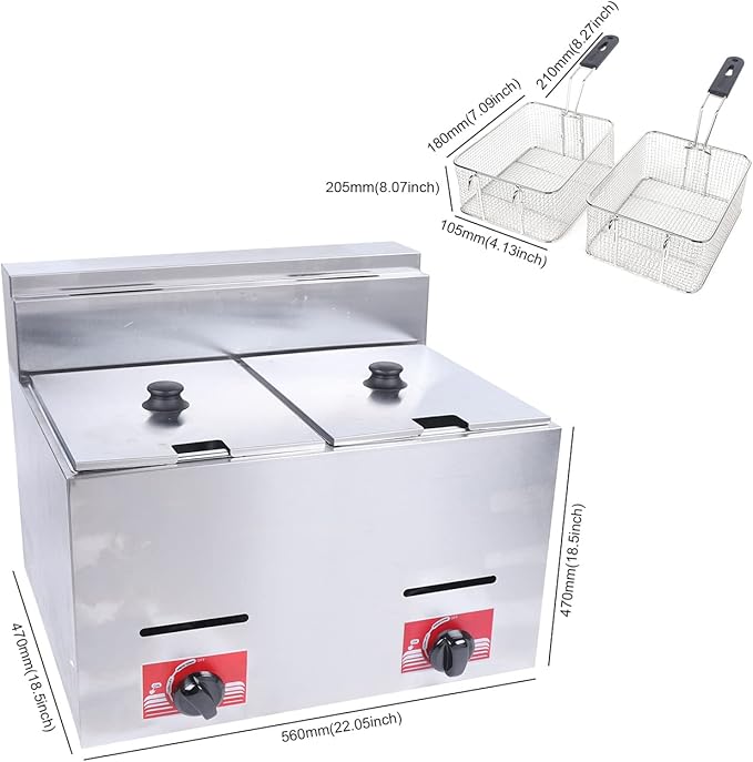 Gas Fryer, 2 * 5.3QT Commercial Large Propane Fryer Table Top Gas Fryer with 2 Baskets & 2 Lids, Stainless Steel Deep Double Cylinder Gas Fryer, Countertop Propane Fryers for Home Kitchen