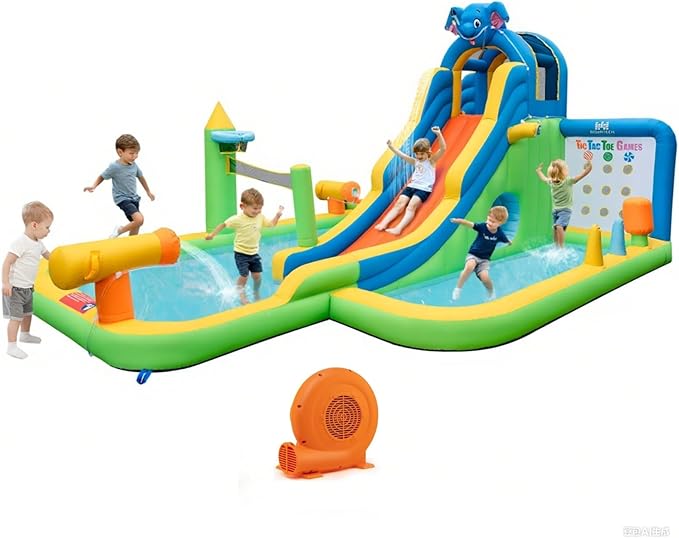 BOUNTECH Inflatable Water Slide, Elephant Surfing Slide Kids Water Park Jump Bouncy Castle w/2 Splash Pools, Hide & Seek Cave, GFCI Blower, Water Slides Inflatables for Big Kids Outdoor Backyard Gifts