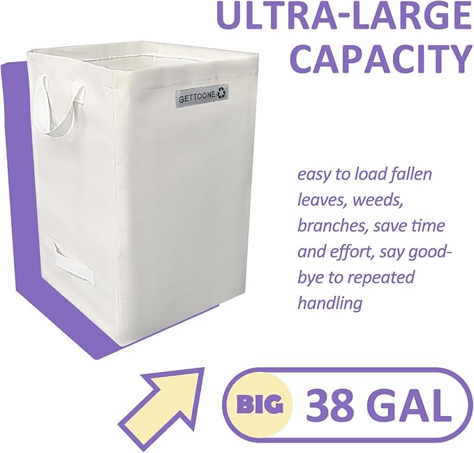 Lawn Bags for Yard Waste | Heavy-Duty Collapsible Leaf Bag, 38 Gallon Reusable Garden Clippings Container & Outdoor Trash Can with 2 Carry Handles (Square Bigger)