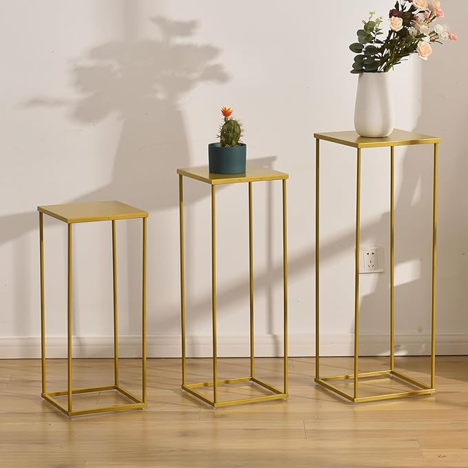 VINCIGANT Gold Pedestal Stand for Party ,Set of 3 Metal Plant Stand Tall Cake Cylinder Pedestal Stand for Wedding Flower Vase , Corner Planter Pot Rack for Living Room Patio Decor