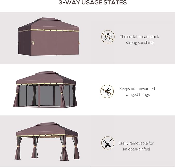 Outsunny 10' x 13' Patio Gazebo, Outdoor Gazebo Canopy Shelter with Netting and Curtains, Aluminum Frame for Garden, Lawn, Backyard and Deck, Coffee
