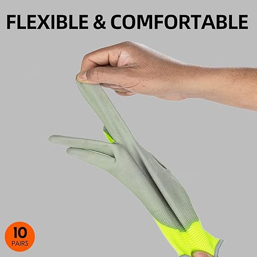 Vgo... 10-Pairs Safety Work Gloves, Gardening Gloves, Polyurethane Coated, Dipping Gloves, Latex Free (Size XL, Yellow, PU2103)