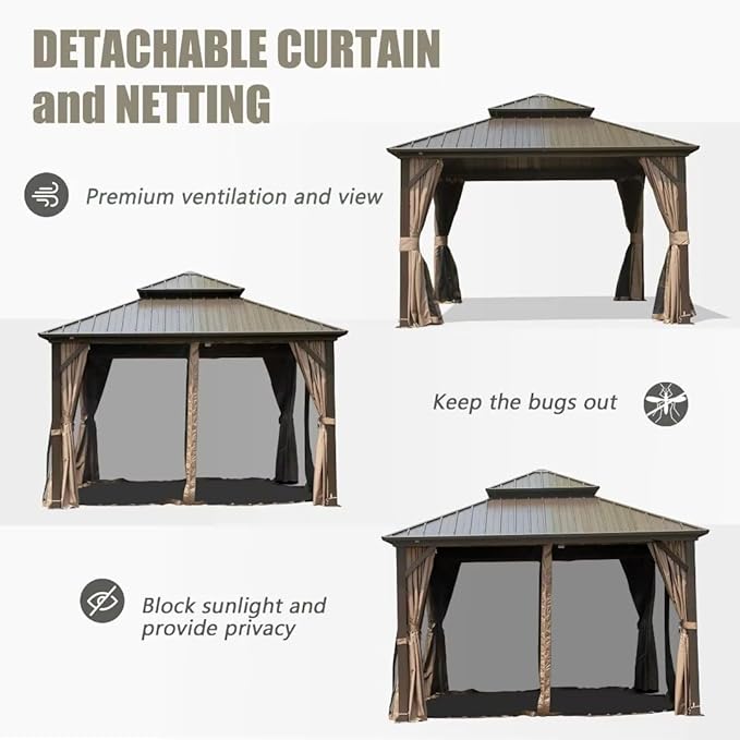 Domi 12'x12' Hardtop Gazebo Canopy,Outdoor Metal Gazebo with Galvanized Steel Double Roof,Curtain and Netting,Permanent Pavilion for Patio Deck,Backyard