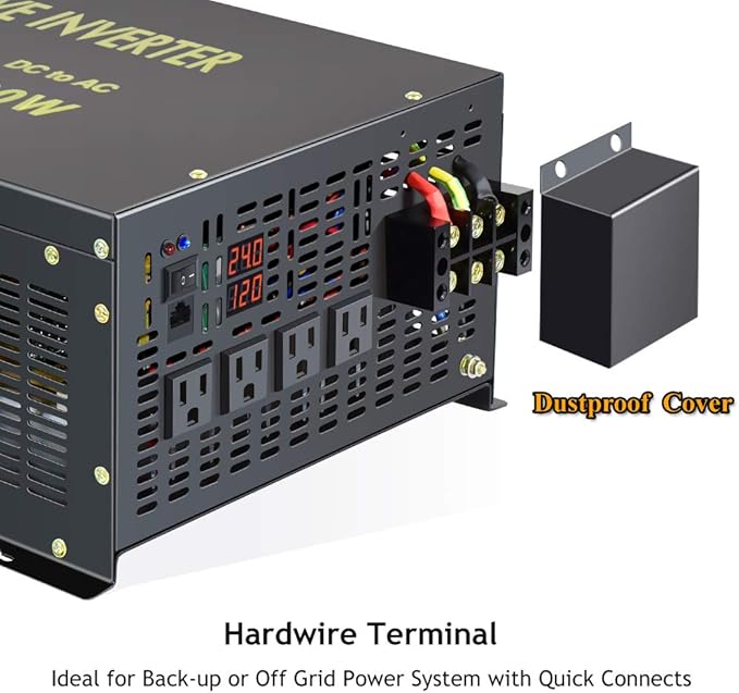 Reliable 8000W Continuous Power Heavy Duty Pure Sine Wave Power Inverter DC 24V to AC 120V with 4 AC Outlets Remote Control 66A Hardwire Terminal and LED Display for RV Car Solar System Emergency