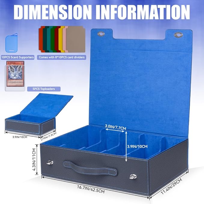 5-Row 3900+ Trading Card Storage Box for MTG, Card Deck Box with Snap-fit Design, 5 Card Sleeves, 10 Stoppers, 80 Dividers and 1 Dice Tray (Black-Blue)