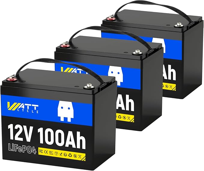 WattCycle 12V 100Ah LiFePO4 Lithium Battery 3 Pack - BCI Group 24, 15000 Cycles, Built-in 100A BMS, Low-Temperature Protection - Ideal for RVs, Golf Cart, Home Energy Storage, Marine (3 Pack)