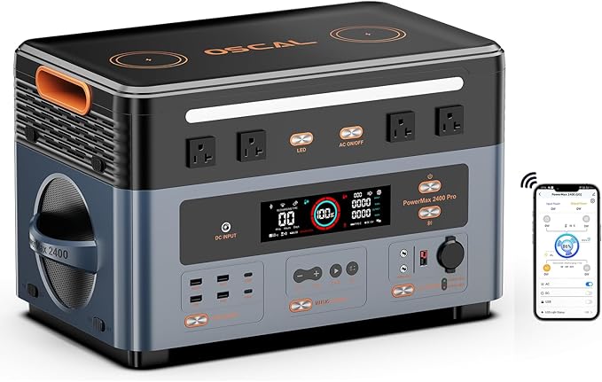 OSCAL 2400W Solar Generator PowerMax 2400, 1872Wh Power Station with 4 AC Outlets (5000W Peak), 1400W AC Charging, APP Control Expandable LiFePO4 Battery Power Station for Home & RVs, Emergency